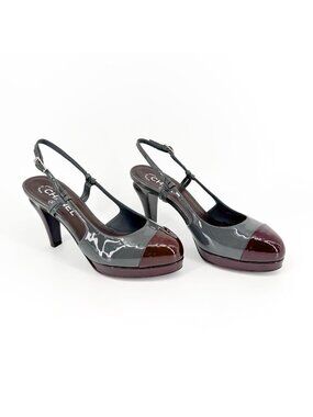 Chanel Gray Burgundy Patent Cap Toe Slingback Platform Pumps Size 37.5 US 6.5–7